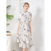 Vestido midi de seda para mujer cintura con cintura de bambú de la hoja de seda estampada